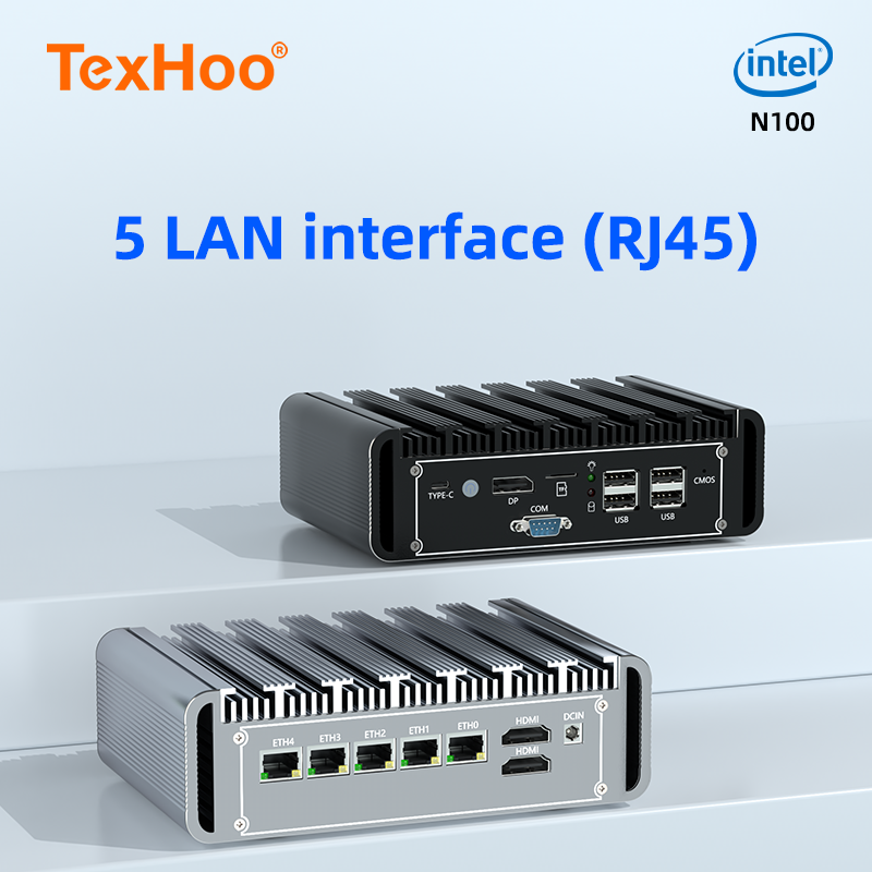 TexHoo Intel N100 Mini PC Computadora Aparato de cortafuegos Mini Hardware de escritorio 5 Lan I225 2.5G Red Ethernet Pfsense