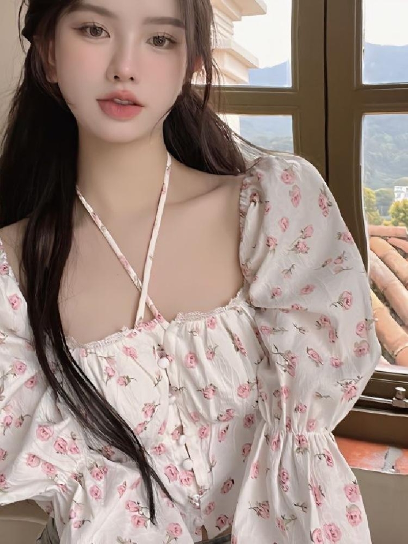 Spicy Girl ort Top Outerwear Fre Sweet Slim Fit Floral Print Design Sense  irt Casual Summer Faion Women's Clothing