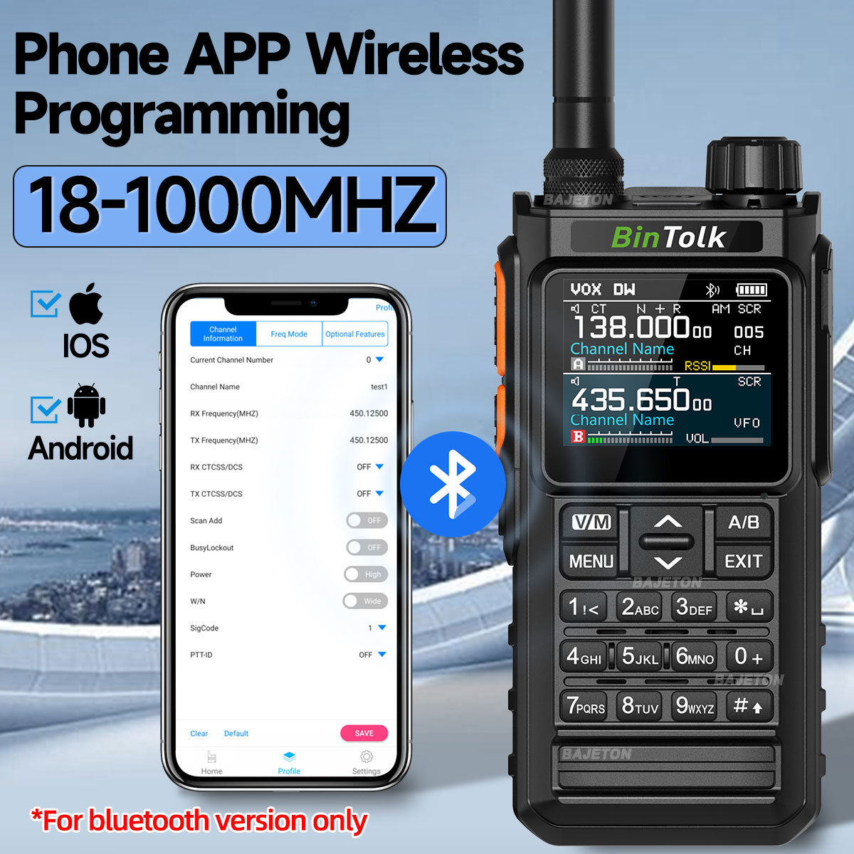 BinTolk BT7700 Walkie Talkie Multi Band Wireless Bluetooth Phone Programming Noise Reduction AM FM Ham Radio For Camping BT8200