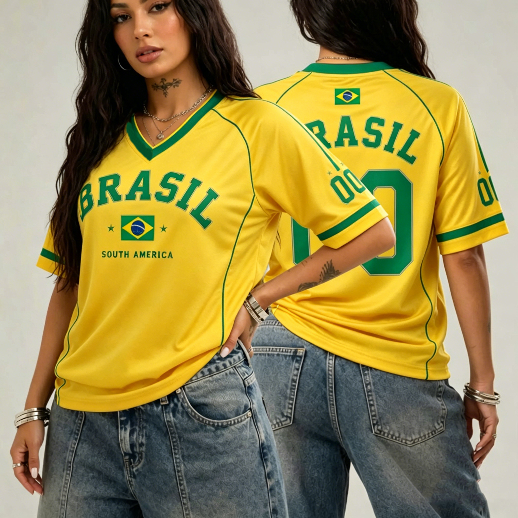 T-shirt sportiva da donna con stampa Brasile 00, scollo a V, manica corta, estiva, con grafica, taglie forti