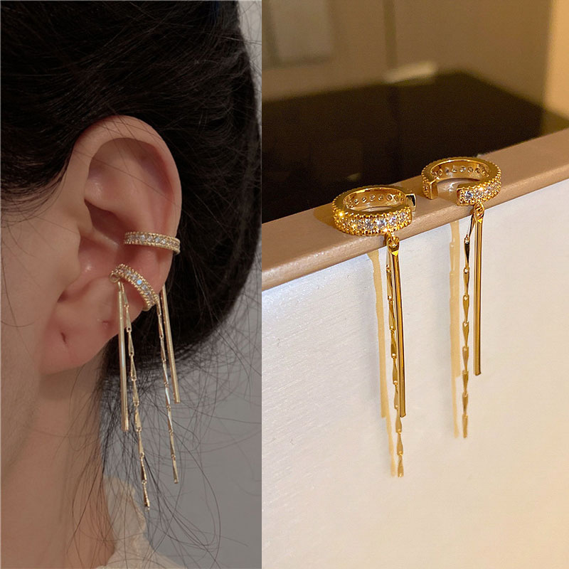 Brinco de clipe de orelha com borla de cristal para mulheres, punho sem piercing, corrente de strass brilhante, joias de piercing de cartilagem falsa