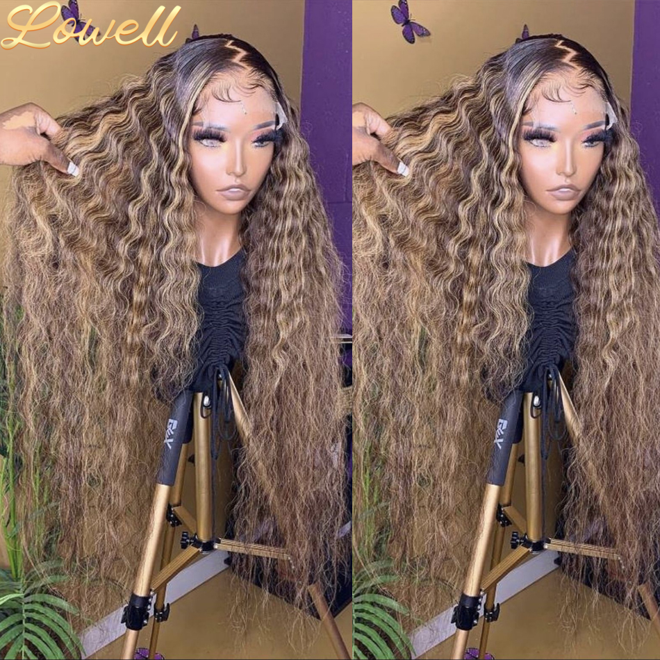 Peruca Frontal de Cabelo Humano com Destaques, Ondas Profundas, 13x4 13x6, Renda HD, Ondas de Água, Cabelo Colorido Birmanês P4/27, Cabelos Cacheados