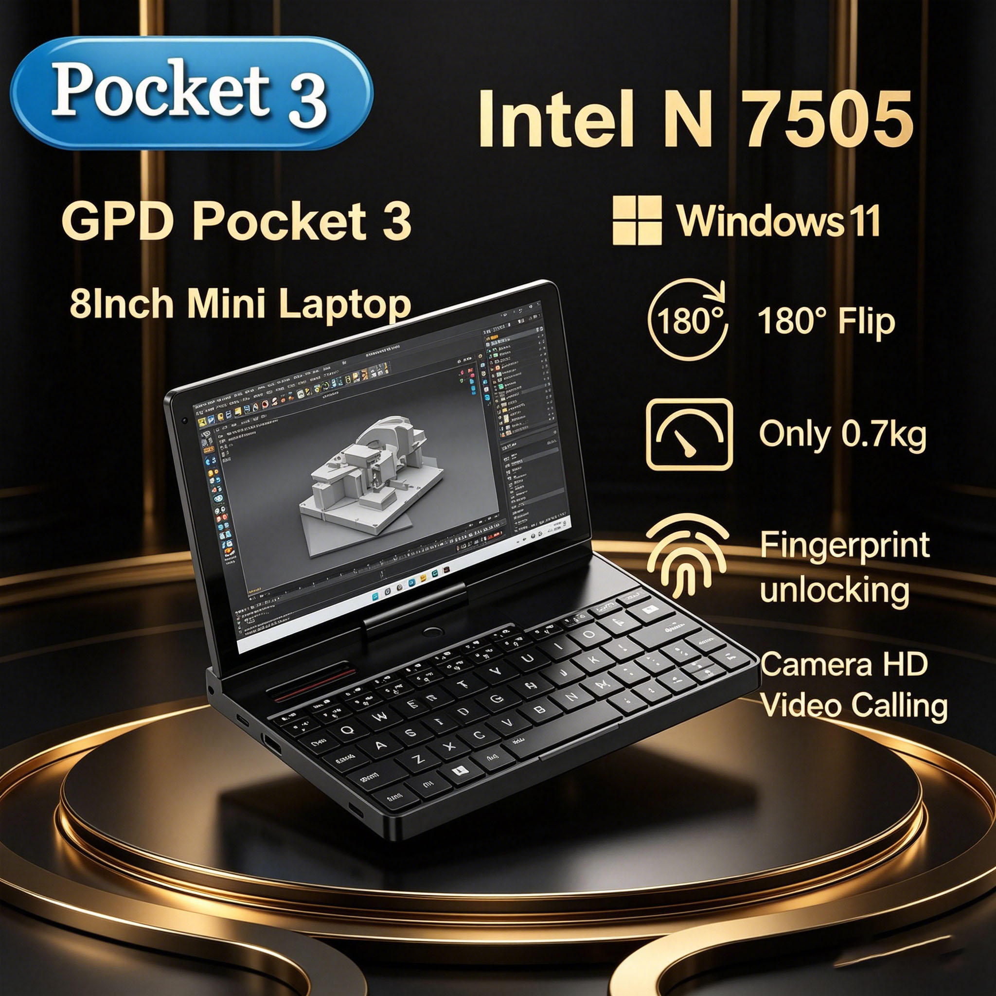 แล็ปท็อปขนาดเล็ก Raging Dynamic GPD Pocket 3 ขนาด 8 นิ้ว Intel Gold 7505 โน้ตบุ๊ก 16GB 512GB SSD แบบโมดูลาร์ ครบครันด้วยฟีเจอร์สุดครบถ้วน ระบบปฏิบัติการ Windows11 แบบพกพา