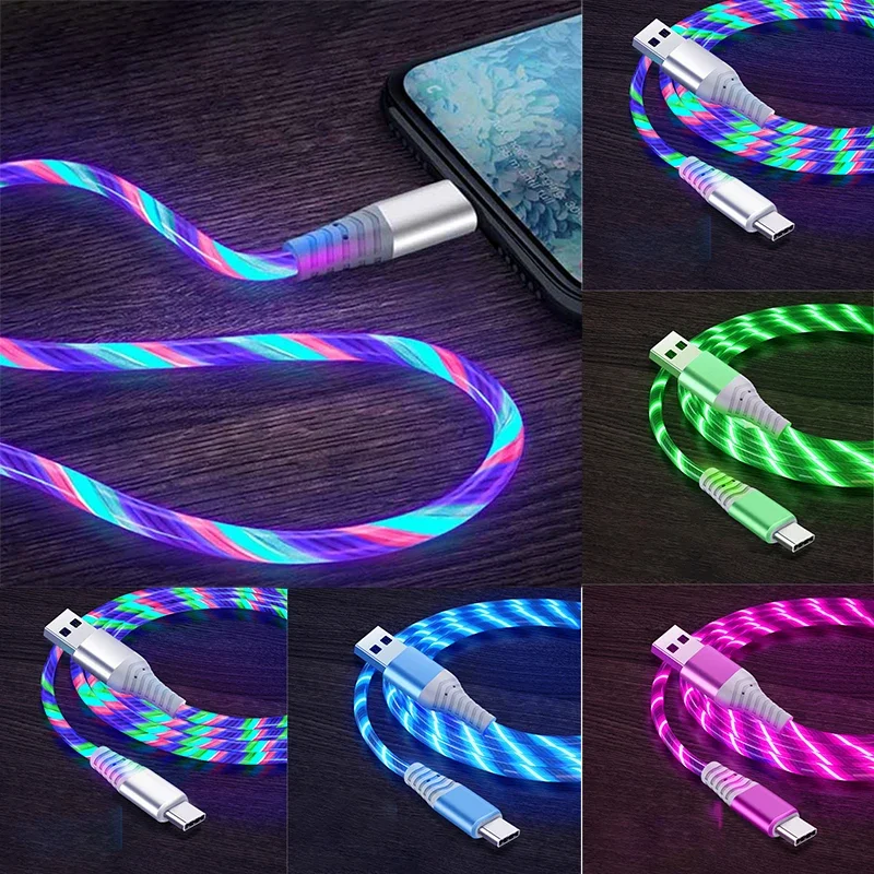 Cable de datos de carga rápida, Cable USB tipo C luminoso de flujo, Cable de carga rápida 5A, Cable LED brillante para Samsung Xiaomi IPhone Micro