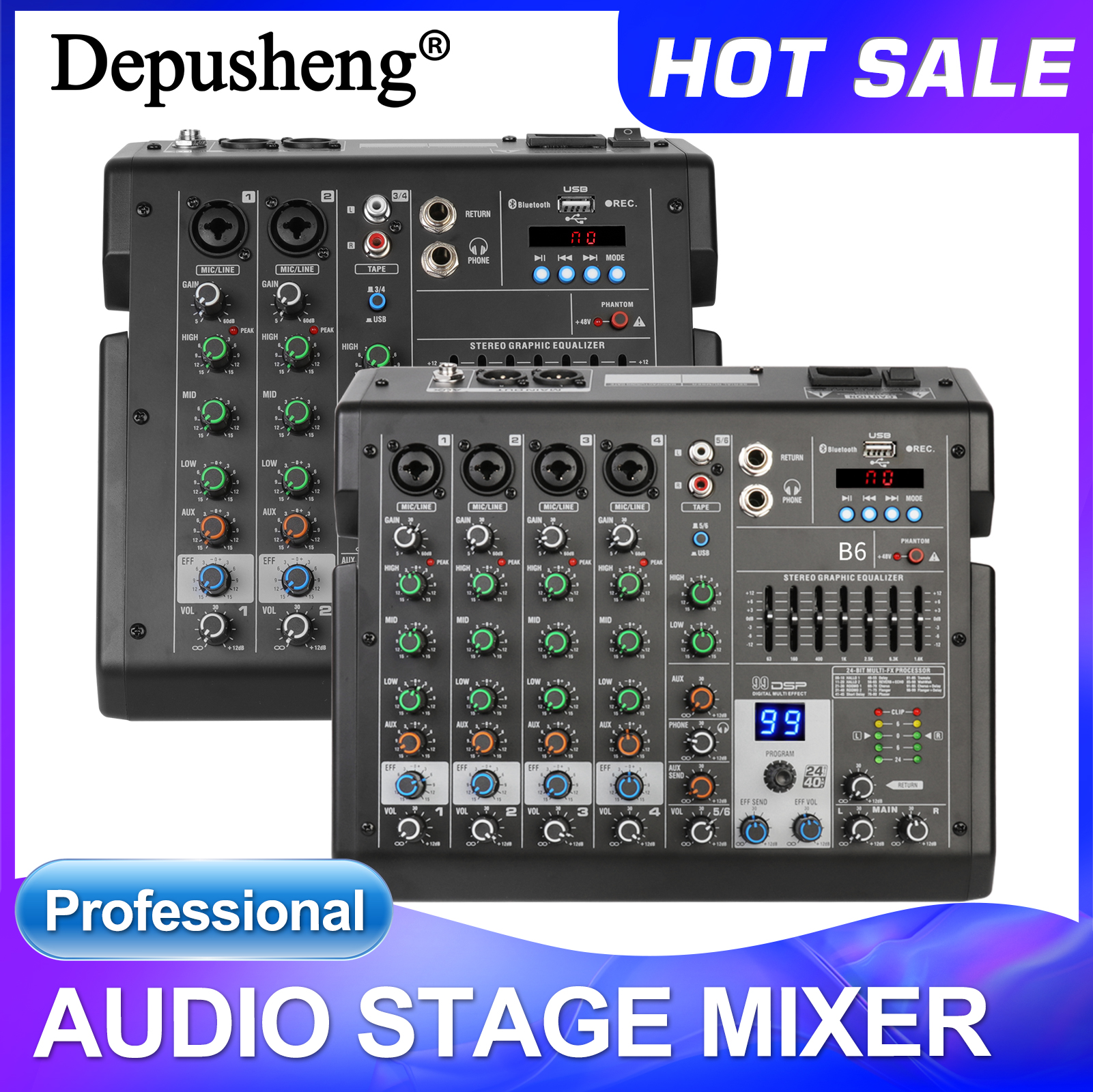 Console de mixage audio 4 canaux Depusheng B4, table de mixage professionnelle pour DJ, effets numériques DSP intégrés, alimentation fantôme 48V