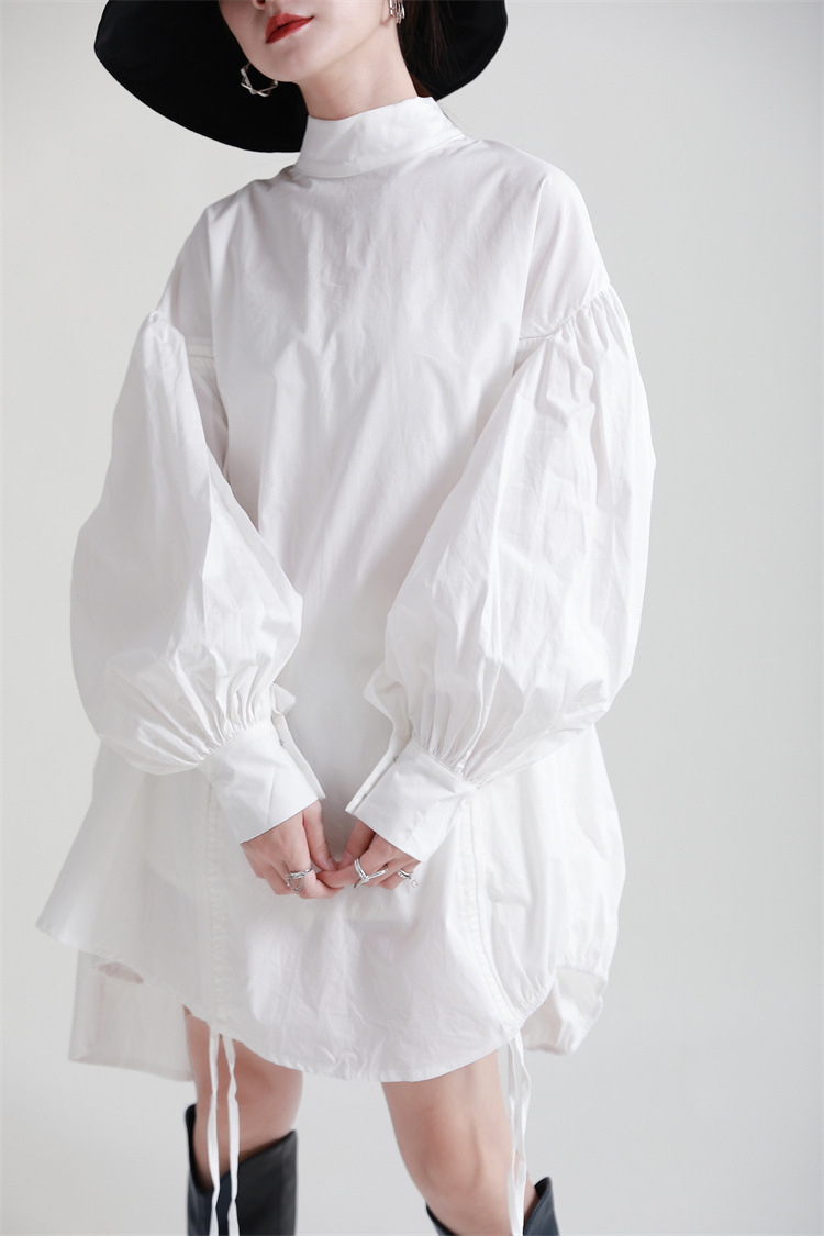 2025 blusa blanca de talla grande con cordón Irregular para mujer, nueva camisa de manga larga con cuello levantado, moda de tendencia para primavera y otoño