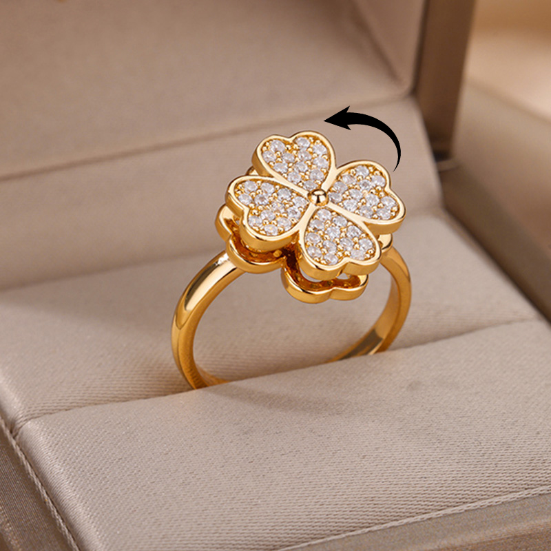 Spinner Zircon Heart Four Leaf Clover แหวนสแตนเลสสตีลป้องกันความเครียดความวิตกกังวล Fidget แหวนเครื่องประดับคริสต์มาสของขวัญ