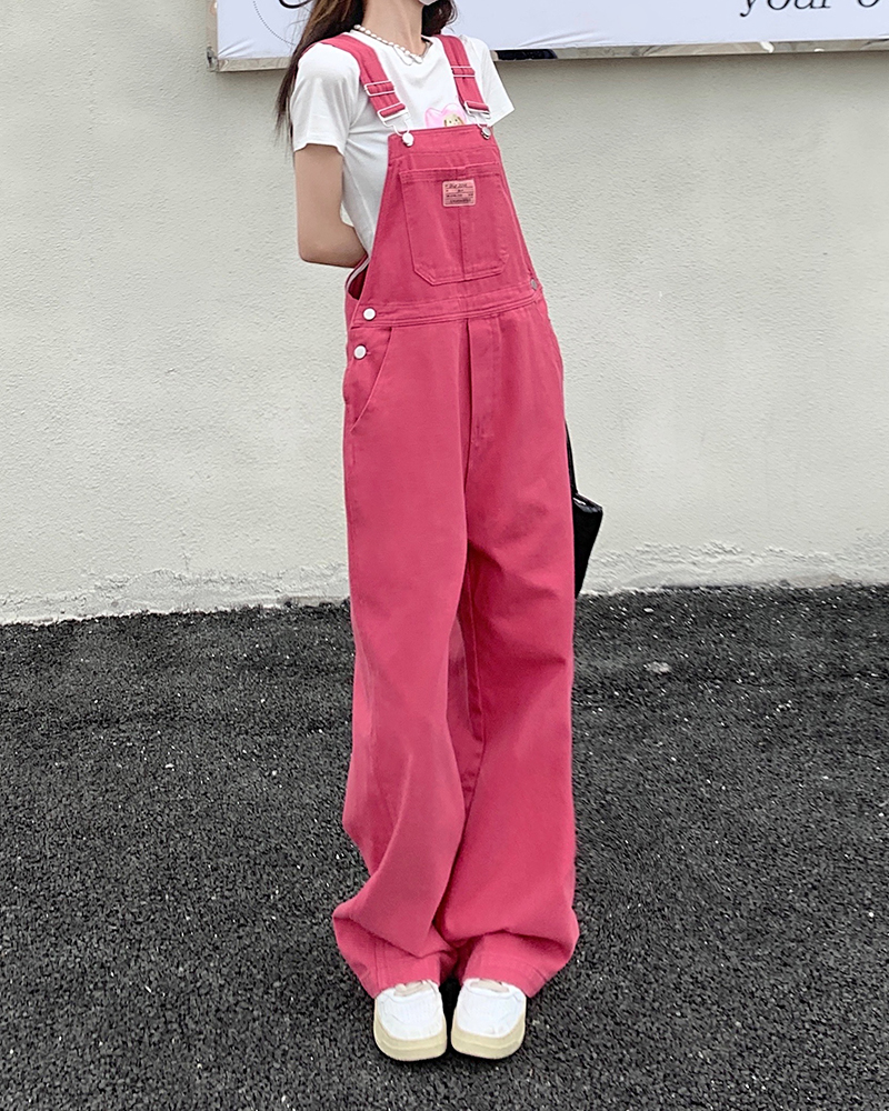 XS-XL ジーンズ レディース 2022 夏 プレッピースタイル ゆったり ガールズ ピンク ワイドレッグ トラウザーズ ジャンプスーツ 韓国風 カジュアル デニム オーバーオール レディース(78891)