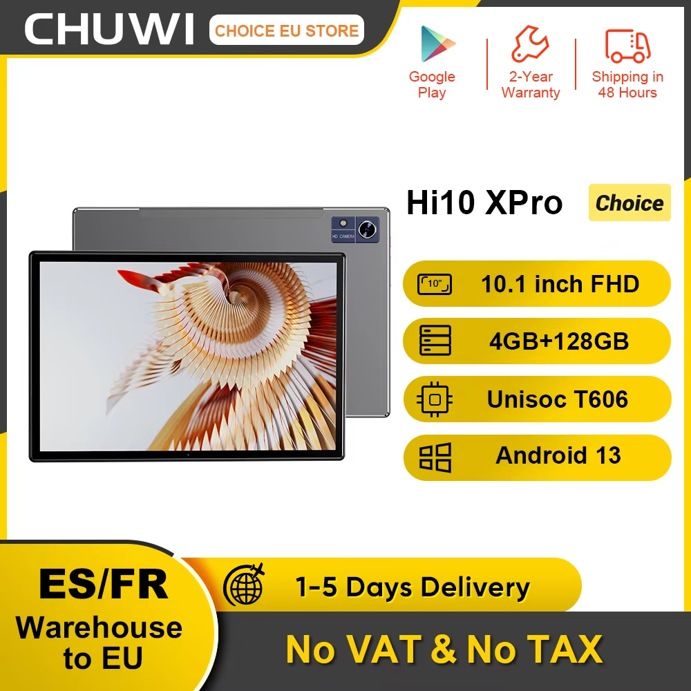 Tablet CHUWI Hi10 XPro 10,1 polegadas 1280*800 IPS Ecrã Unisoc T606 4 GB RAM 128 GB ROM 2.4G/5G WiFi BT 5.0 Android 14 7000mAh Bateria