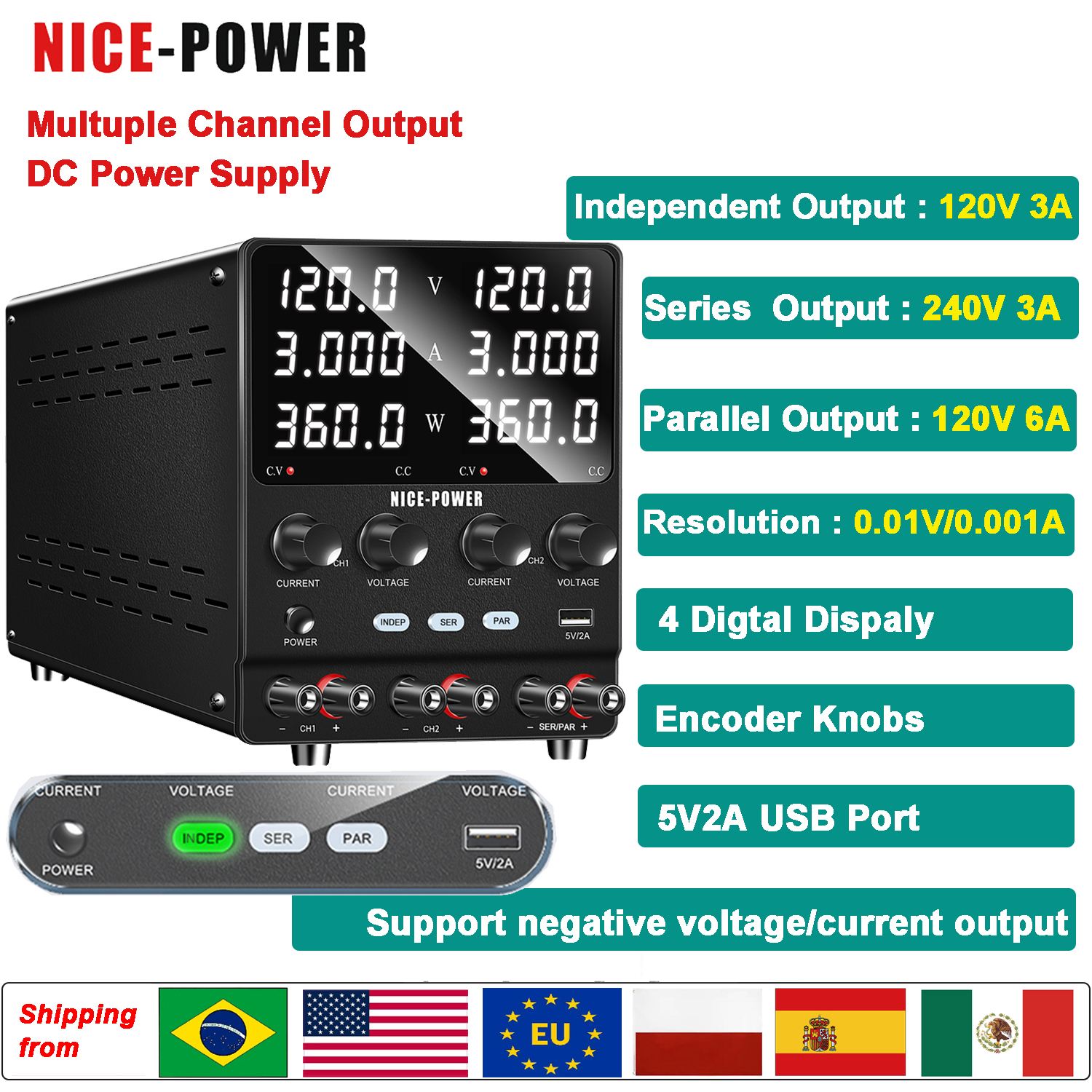 NICE-POWER 120 V 3 A Alimentation CC de laboratoire réglable, source d'alimentation de laboratoire à deux canaux 0-240 V 0-6 A, alimentation 12 V 24 V 10 A 20 A, sortie série/parallèle en un clic