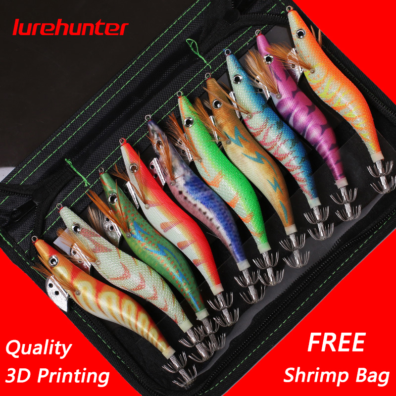 10 pçs com saco de camarão impressão 3d 2.5 3.0 3.5 gancho luminoso lula gabarito pesca madeira camarão isca lula choco gabaritos iscas