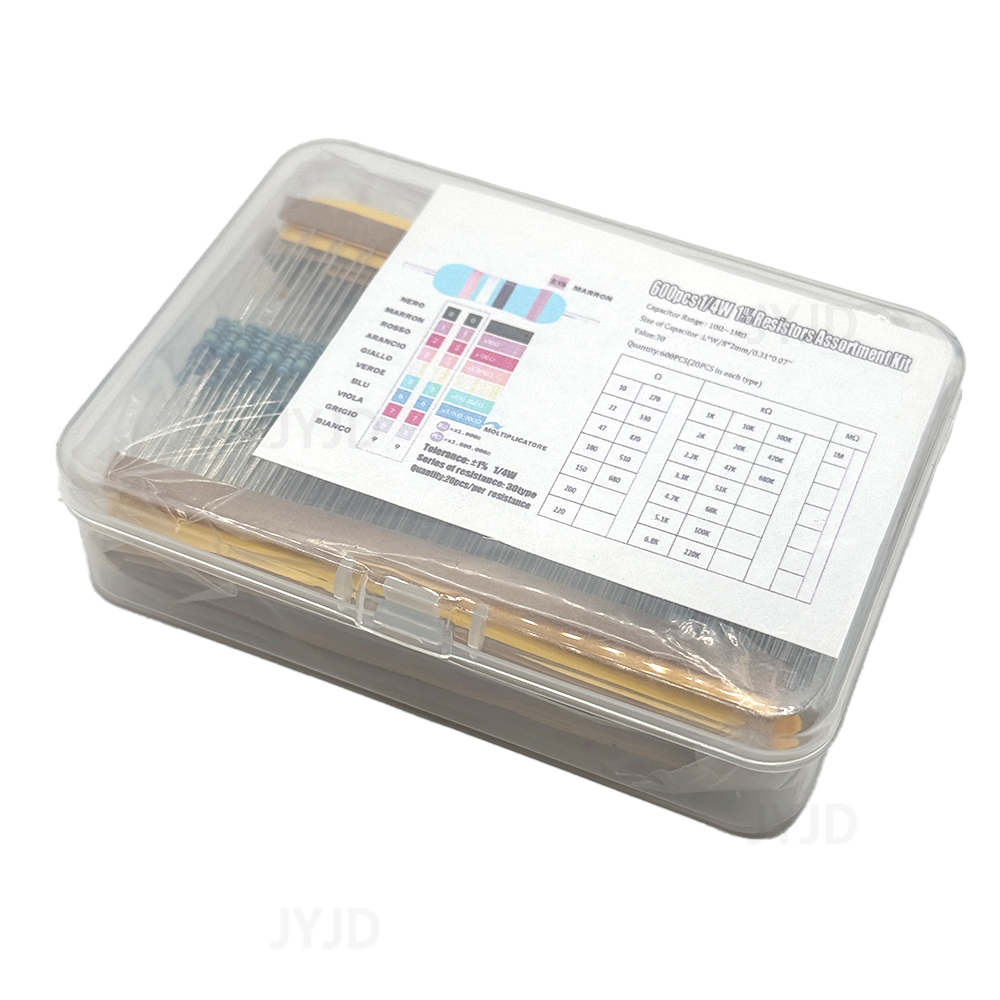 300/600 Uds 1/4w resistencia de película metálica 30 valores Kit de resistencia 10R-1M 0,25 W 1% juego de resistencias