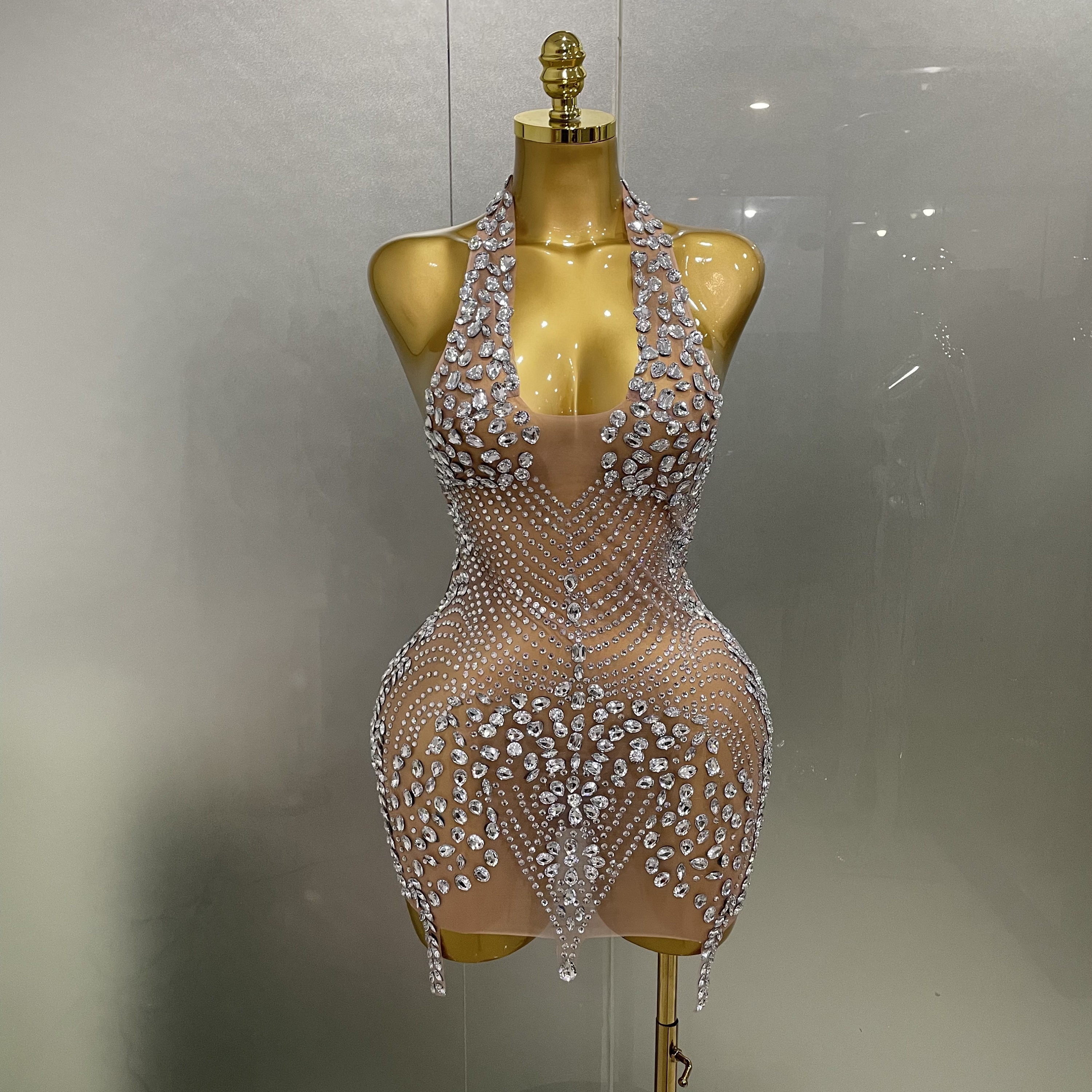 2025 nowe seksowne świecące dżetów Halter Backless Mesh welurowa krótka sukienka kobiety wieczór bal świętuj urodziny strój sceniczny
