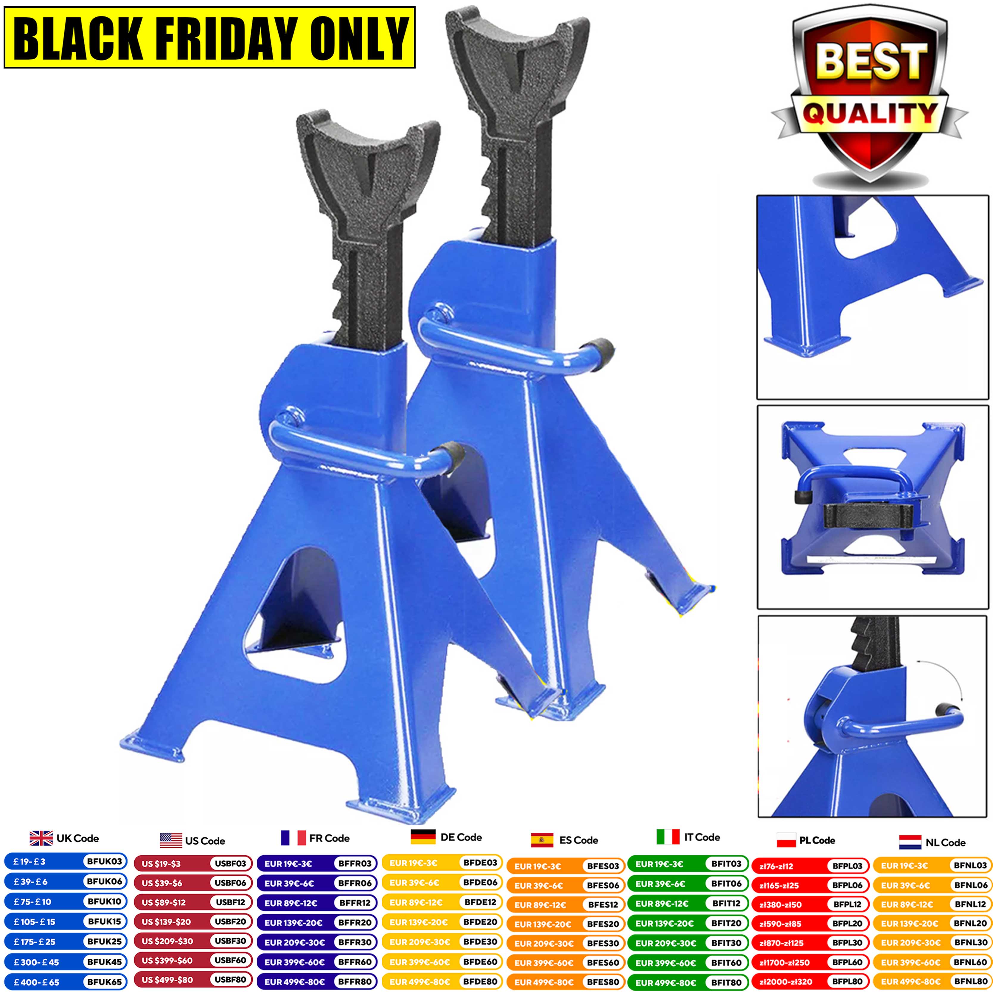 DayPlus Heavy Duty 3-ton asstandaards voor auto bestelwagen garage werkplaats gereedschapsstaal robuuste constructie ondersteuning lift 29-43 cm, 2 stuks