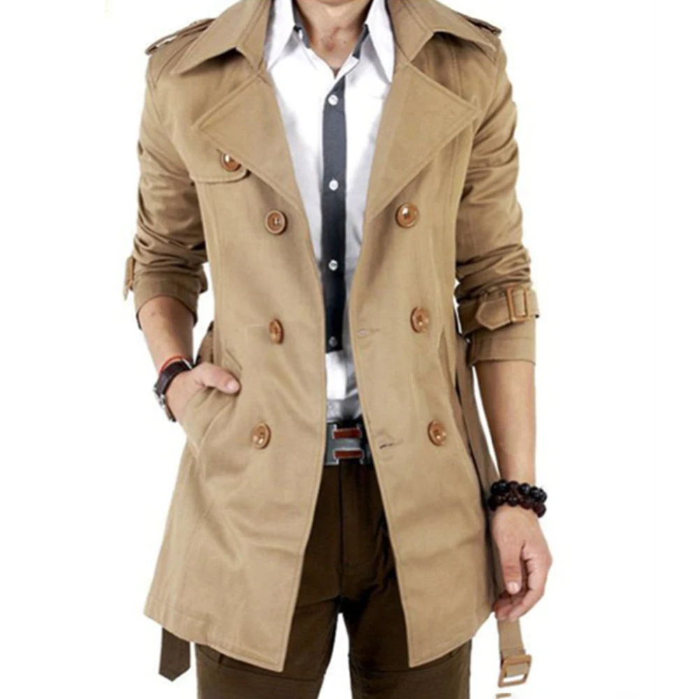 Gabardina de longitud media para hombre, abrigo elegante británico de Color sólido, gabardina informal de estilo coreano con doble botonadura, otoño e invierno