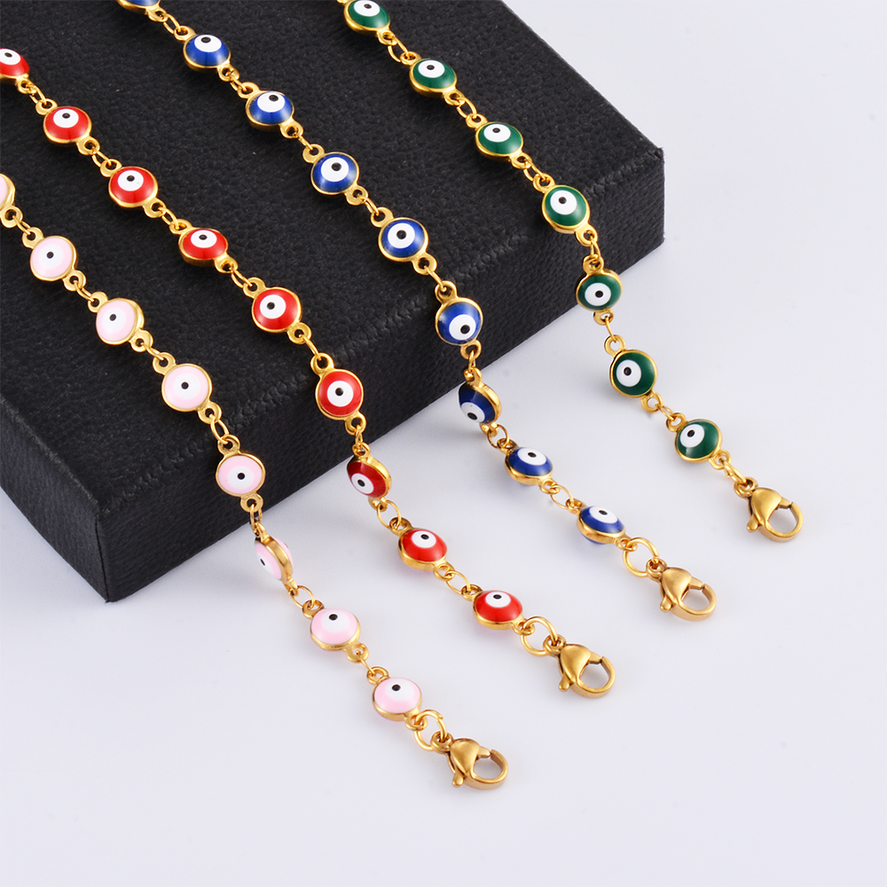 Gelang Baja Tahan Karat Gelang Manik-manik Enamel Mata Jahat Biru Merah untuk Wanita Hadiah Perhiasan Mata Turki Beruntung