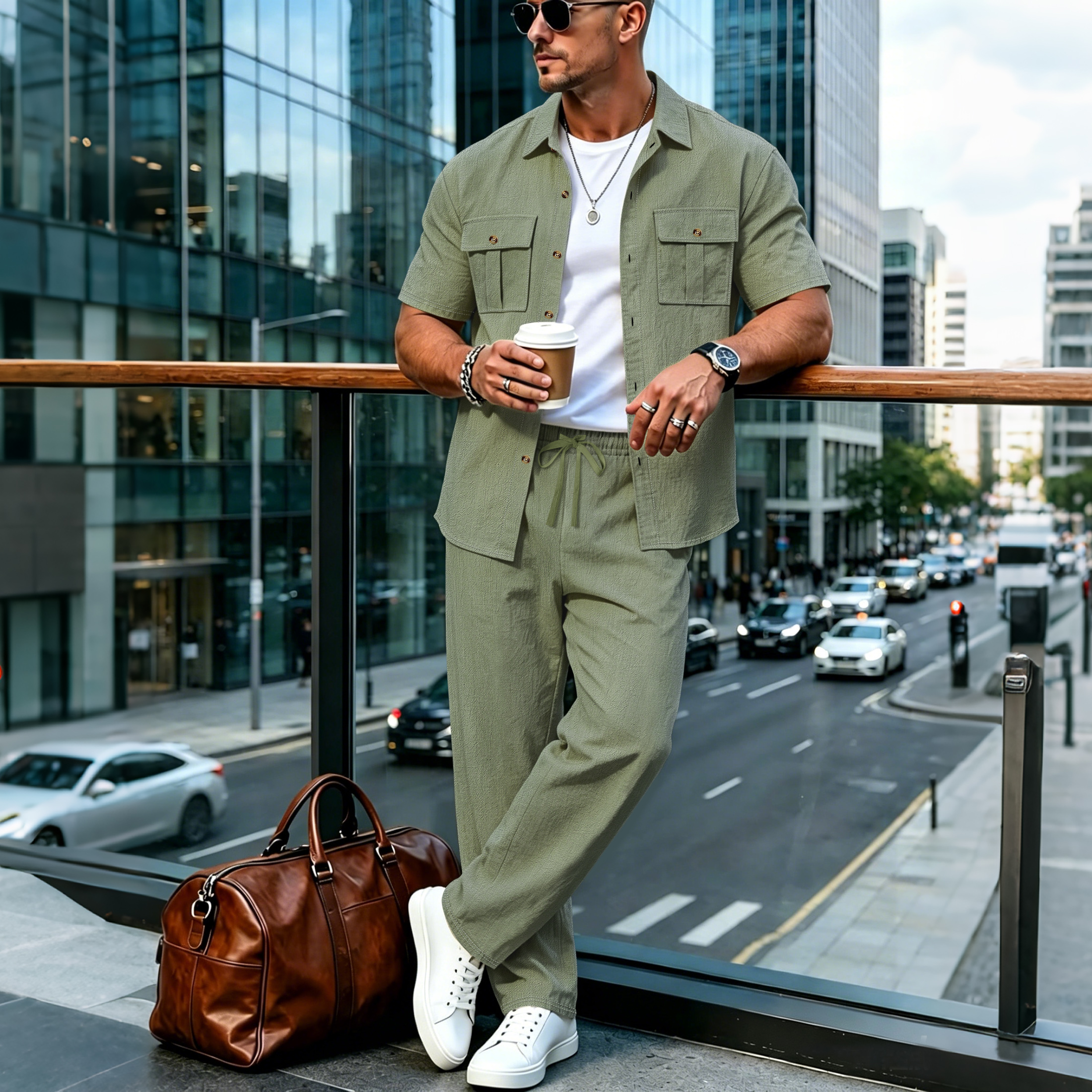 Męski lniany zestaw casualowy 2-częściowy: koszula z krótkim rękawem i spodnie o teksturowanej fakturze, styl streetwear, rok 2026.