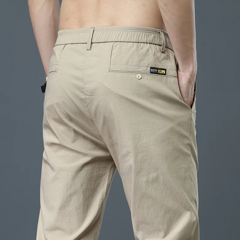 2026 Ice Silk Men's Casual Pants Sweatpants Simple Khaki Black Slim Straight Stretch Casual Trousers Male Brand Clothing
