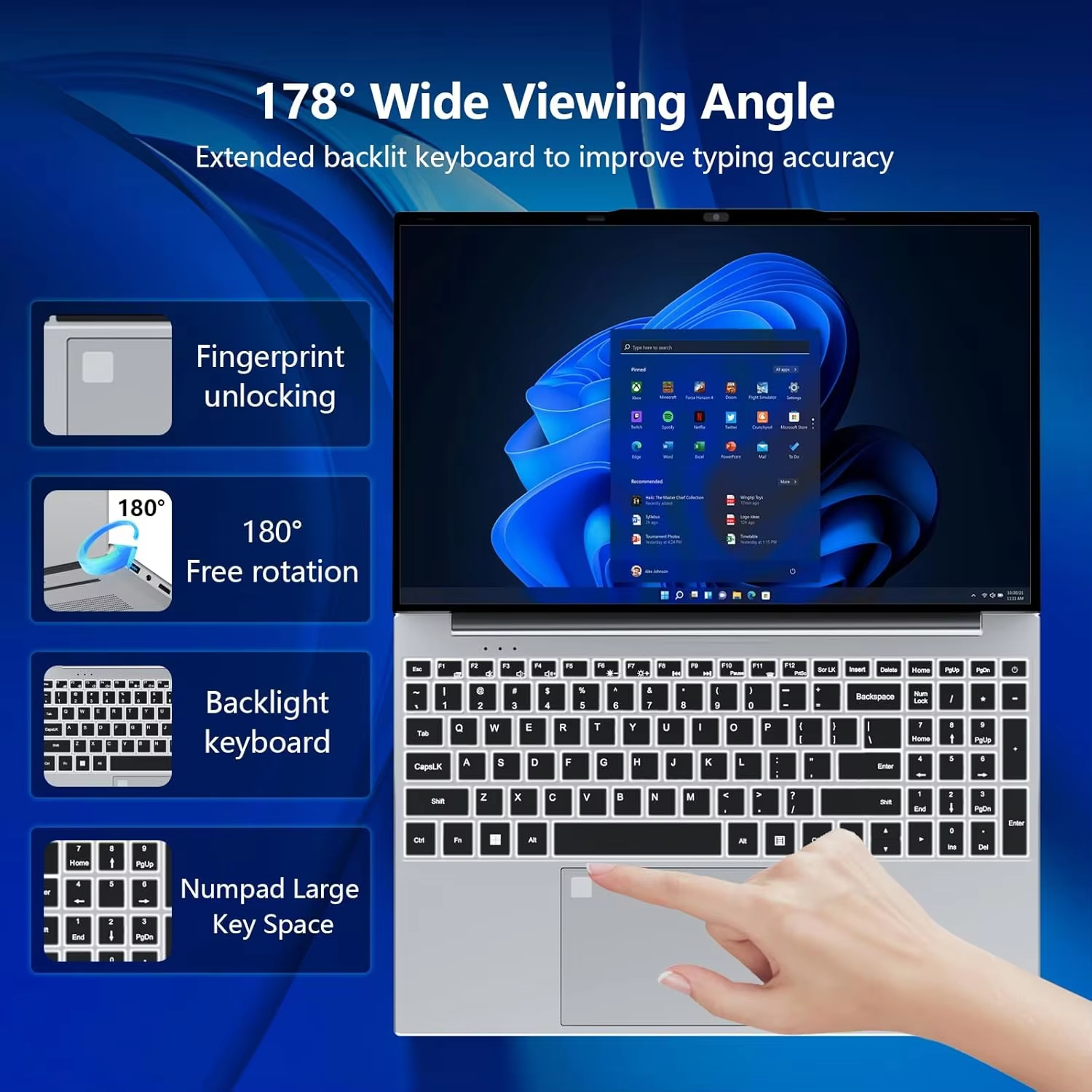 Intel Core i9-9900 15.6 Inch 16GB RAM Backlit Fingerprint Unlock Laptop Windows 11 Office Study NoteBook Gaming Computer PC