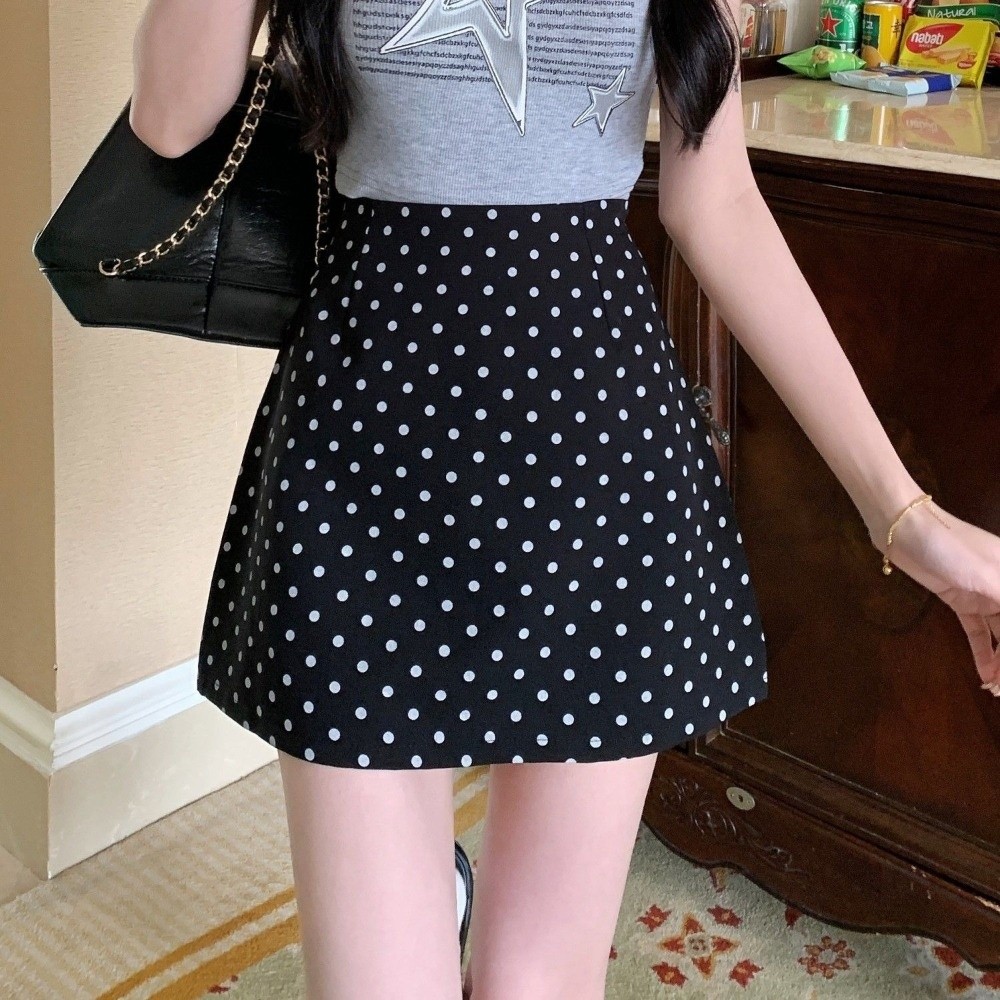 Fashion XS/S/M/L/XL Half Body Skirt High Waist Slimming A-Line Short Skirt Polka Dot Black White Bodycon Mini Skirt Summer