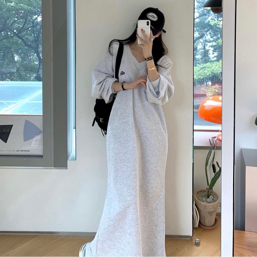 자수 스웨터 드레스 V넥 긴소매 자수 캐주얼 알파벳 브이넥 롱슬리브 스웨터 드레스 원피스 스웨터 드레스