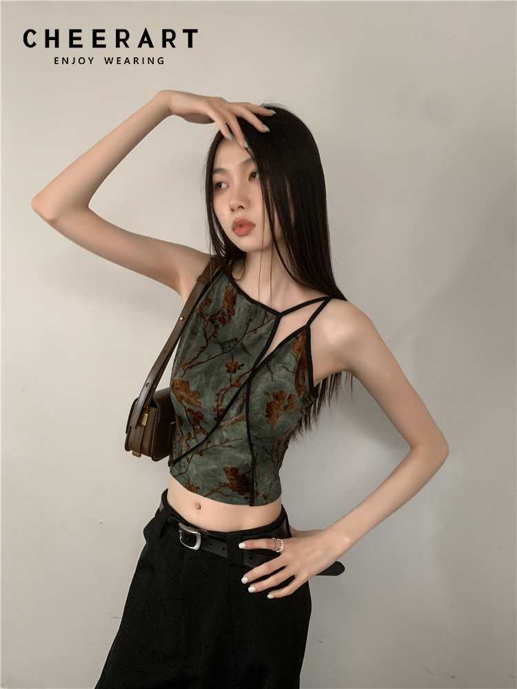 CHEERART – haut court à fleurs vintage pour femmes, sans manches, vert, vêtements de créateur, vêtements de luxe