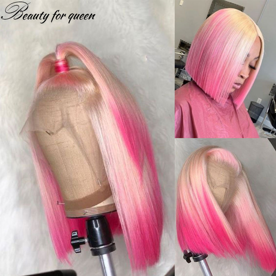 น้ําผึ้งสีบลอนด์ 613 สีชมพู 13x4 ลูกไม้ด้านหน้าผมมนุษย์ Wigs สําหรับผู้หญิงสั้น BOB วิกผม Ombre สีชมพูตรง BOB วิกผม Pre Plucked