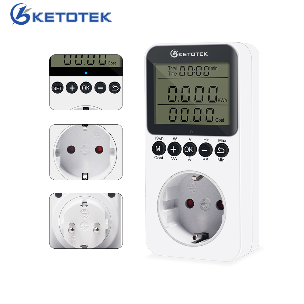 220V Digital AC Meteran Energi Soket Uni Eropa Wattmeter Voltmeter Ammeter Watt Kwh LCD Meteran Daya Penganalisis Konsumsi Listrik