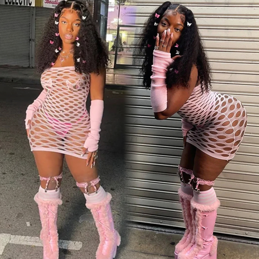 Minivestido calado de malla para mujer, vestido Sexy ajustado para fiesta y discoteca, vestidos de noche a la moda, ropa elegante, vestidos rosas de lujo 2024