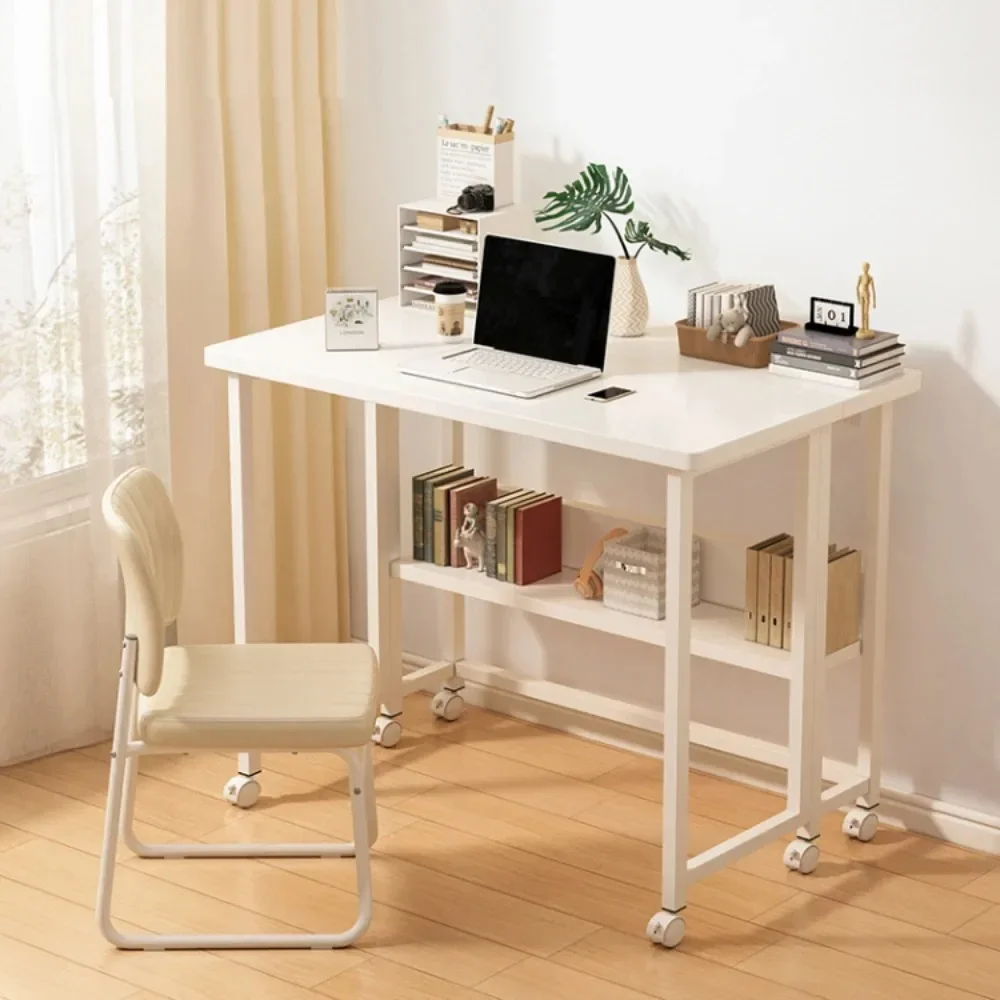 Uma mesa de estudo dobrável para computador, para estudantes com estante, mesa de estudo simples com rodas, estante minimalista, mesa portátil