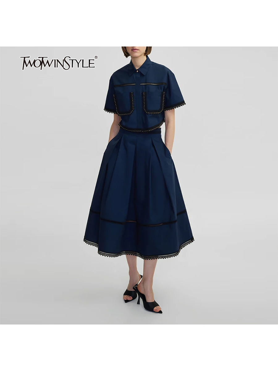 TWOTWINSTYLE однотонные комплекты из двух предметов для женщин, топы с короткими рукавами и лацканами, юбка трапециевидной формы с высокой талией, комплекты для похудения, женский модный стиль