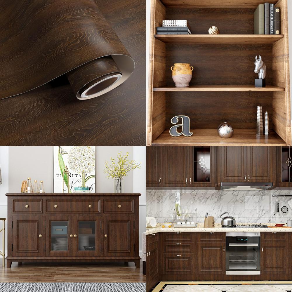 Large Dark Brown Wood Contact Paper Waterproof Peel Stick Countertop Covering Self-Adhesive Wallpaper for Home Remodeling