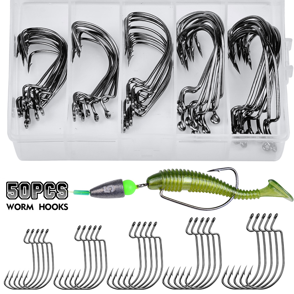 50 pz/scatola Set di ganci spinato a manovella Premium-amo da pesca Offset a fessura larga in acciaio ad alto tenore di carbonio per la pesca a vermi morbidi, resistente alla corrosione