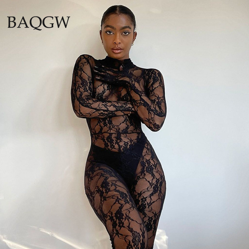 Seksowna koronkowa siatka kobiety zmysłowy kombinezon Bodycon erotyczne drążą przepuszczalność rozciągliwe dopasowanie Fit nocna impreza klub z rękawiczkami zamek błyskawiczny