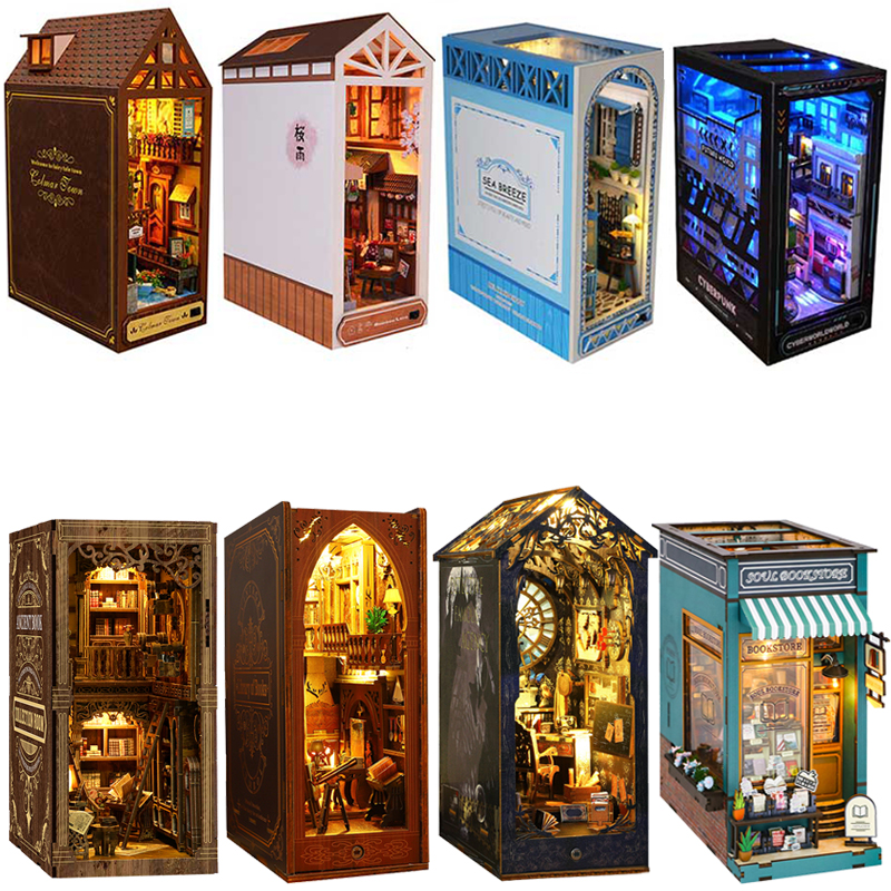 Bricolage livre coin Kit étagère Inser maison de poupée modèle Kit de construction étagère en bois chambre maison de poupée serre-livres jouet pour adultes cadeaux d'anniversaire