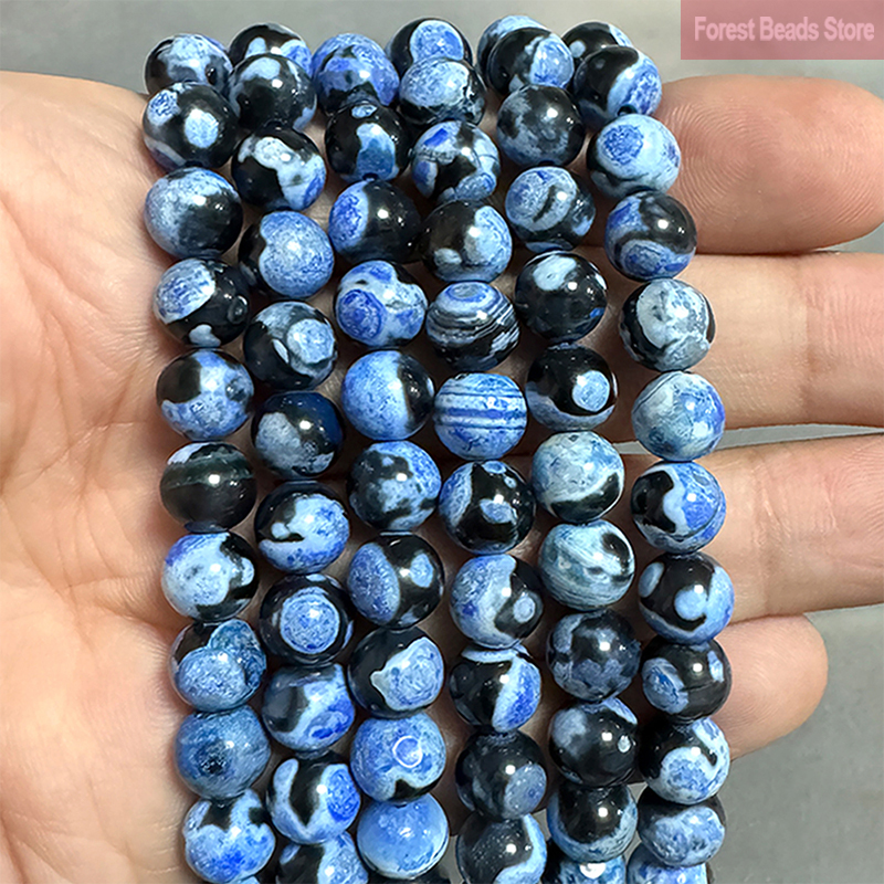 Natural Blue Frost Cracked Fire Agates Round Loose Beads Diy Bracelet Necklace Accessories Jewelry Making 15'' Strand 6/8/10mm