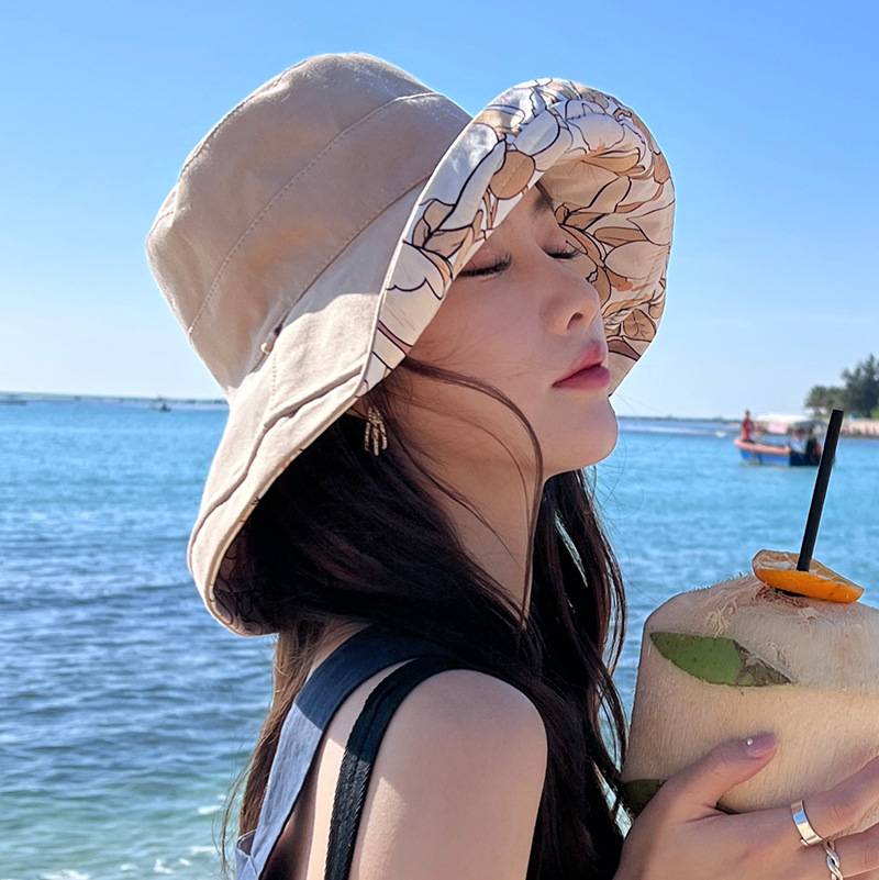 Chapéu de Sol Feminino Dupla Face Estampado em Algodão Puro para Exterior, Chapéu Bucket de Aba Larga, Chapéu de Pescador, Boné Moderno com Proteção Solar H16