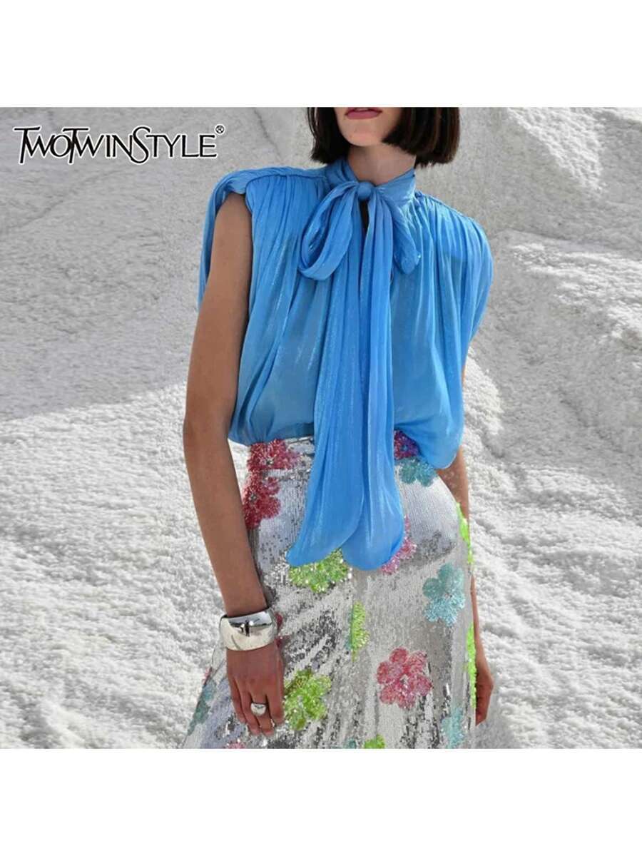 Twotwinstyle sólido emendado rendas até blusas soltas para mulheres o pescoço sem mangas temperamento camisas femininas moda estilo roupas novas