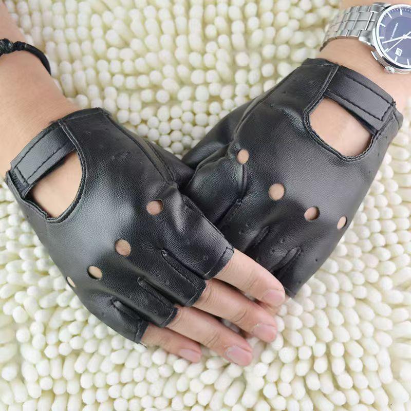 Men Unisex Artificial Leather Half-Finger Gloves Theatrical Punk Hip-Hop Driving Motorcycle Performance Party Fingerless Mittens