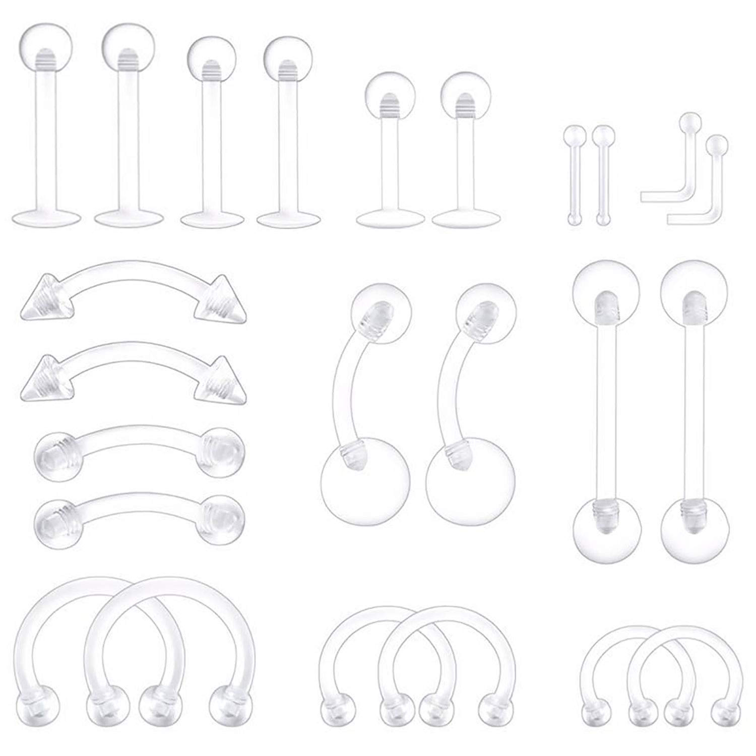 2 pz/24 pz fermo Set acrilico trasparente plastica flessibile 14G 16G 20G pancia naso lingua gioielli Piercing labbra per donna e uomo