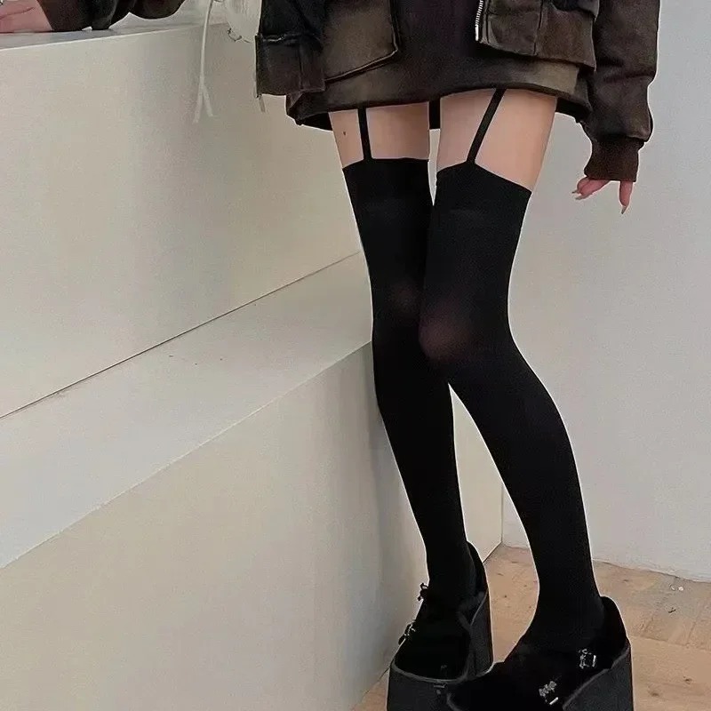 Damen-Strumpfhose aus Samt mit breitem Bund und Hosenträgern, dünne, oberschenkelhohe Lolita-Strümpfe im College-Stil, Overknee-Socken
