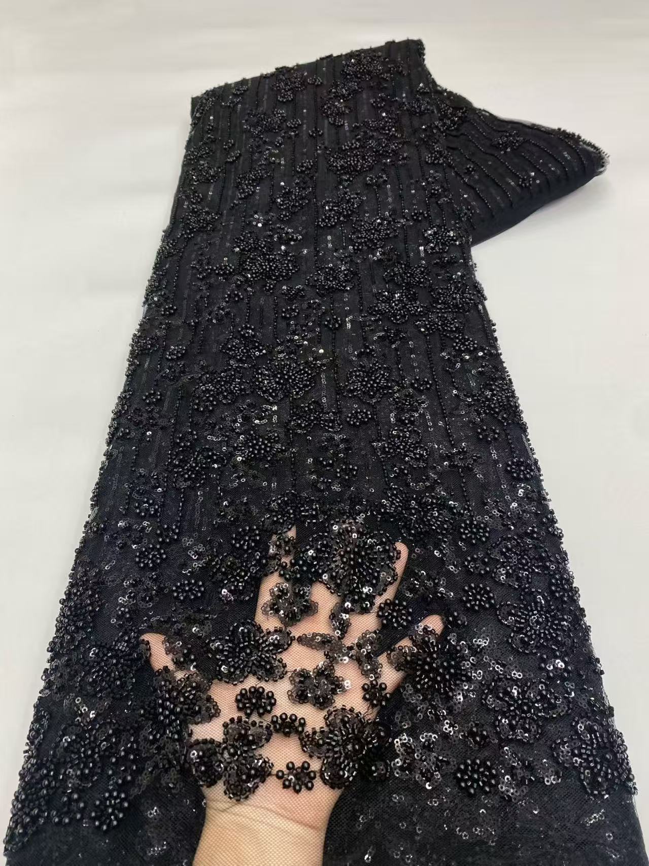 Black African Nigeria High-Quality Sequins Tulle Lace Fabric 5 Yards for Wedding Party Dress Embroidery with Beads And Stones