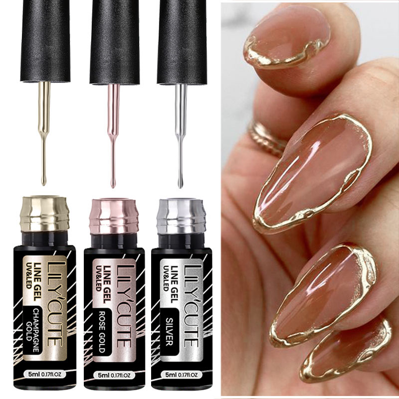 LILYCUTE 3 STKS Goud Zilver Metallic Liner Gel Nagellak Franse Stijl Super Heldere Spiegel Pull Lijn Graffiti Schilderij Streep Gel