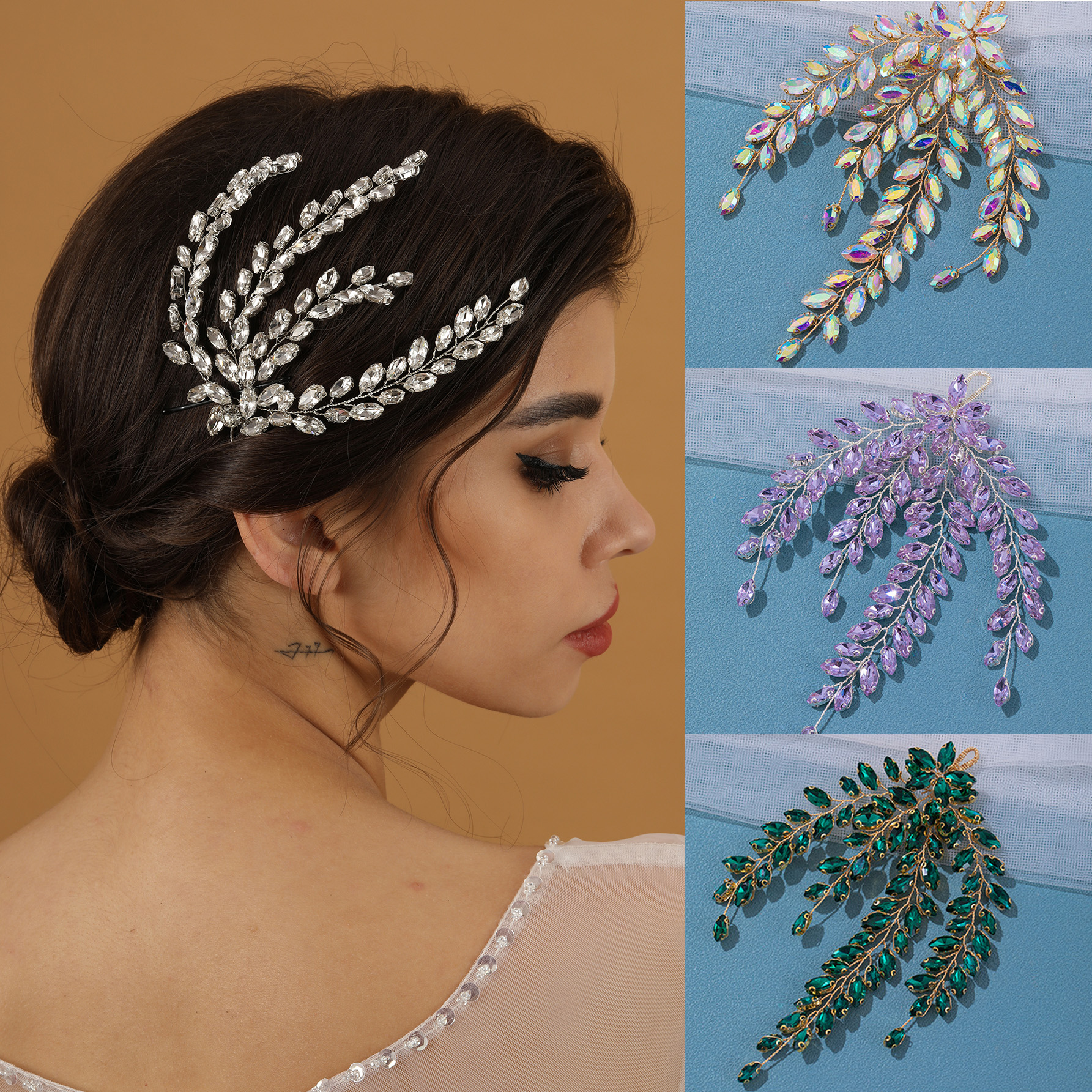 Tocado de novia de circonita con forma de hoja, Tiara, accesorios para mujer, horquilla de cristal de lujo para niña, joyería de boda