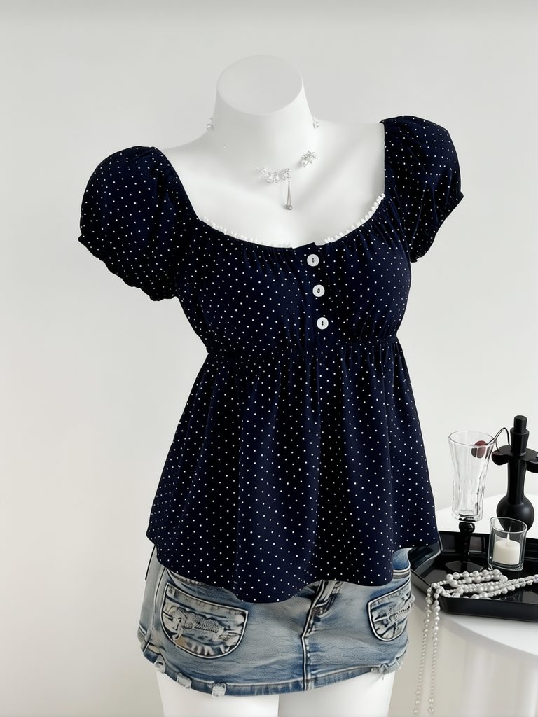 Gepunktetes Babydoll-Top für Damen, süße koreanische Sommerbluse mit Puffärmeln aus Chiffon, eckiger Ausschnitt, Vintage-Stil, jugendliches T-Shirt