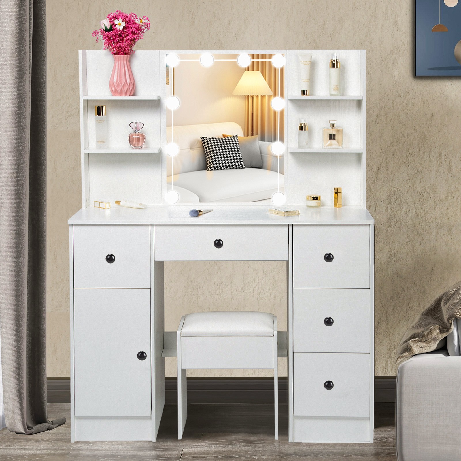 Vanity Set Schminktisch Hocker Make-up Schreibtisch Schubladen mit großem LED-Lichtspiegel