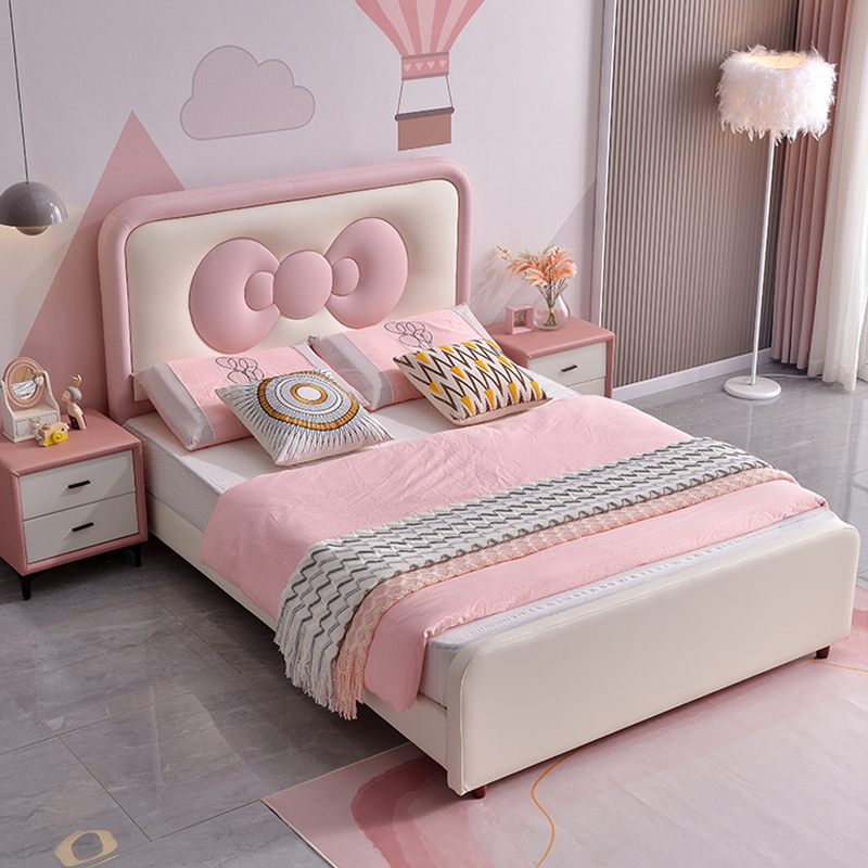 #For Cute Pink Bow Kids Bed Modern Bedroom Furniture Soft Leather Princess Bed Girls High Quality Kids Bed Set