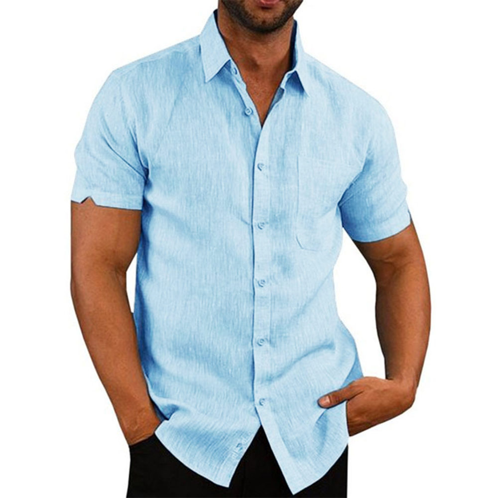 ผ้าฝ้ายลินินขายร้อนเสื้อแขนสั้นผู้ชายฤดูร้อนสีทึบ Turn-Down COLLAR Casual Beach สไตล์ PLUS ขนาด