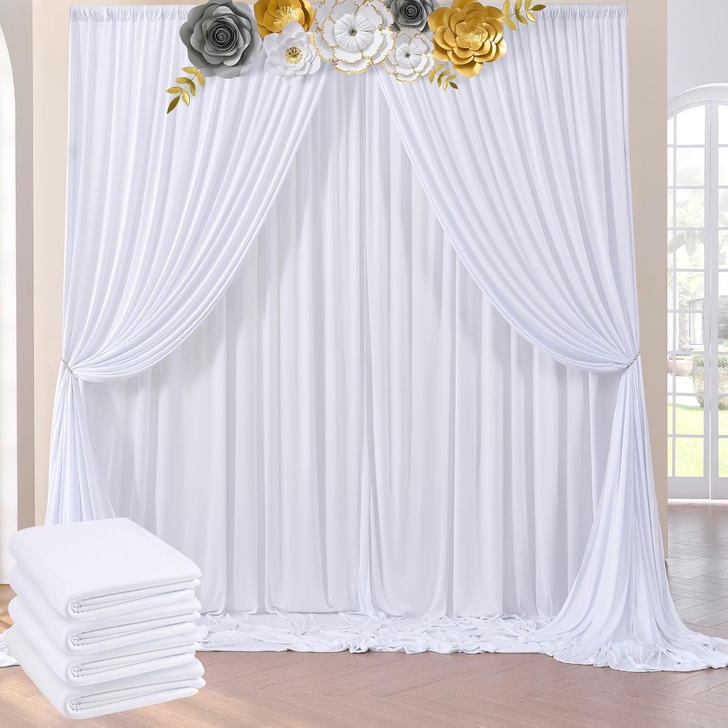 20x10 ft Wrinkle Free White Backdrop Curtains for Parties, Polyester Photo Backdrop Drapes 4 Panels 5x10ft for Wedding Birthday