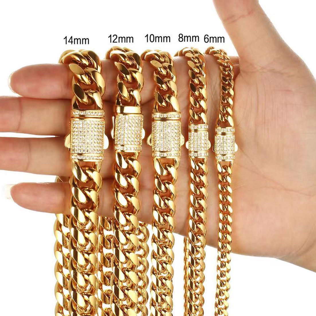 New Arrival 6mm-18mm Dowolna długość 316L Stal nierdzewna Miami Curb Cuban Chain Naszyjnik dla mężczyzn i kobiet Prezent Crystal Lock